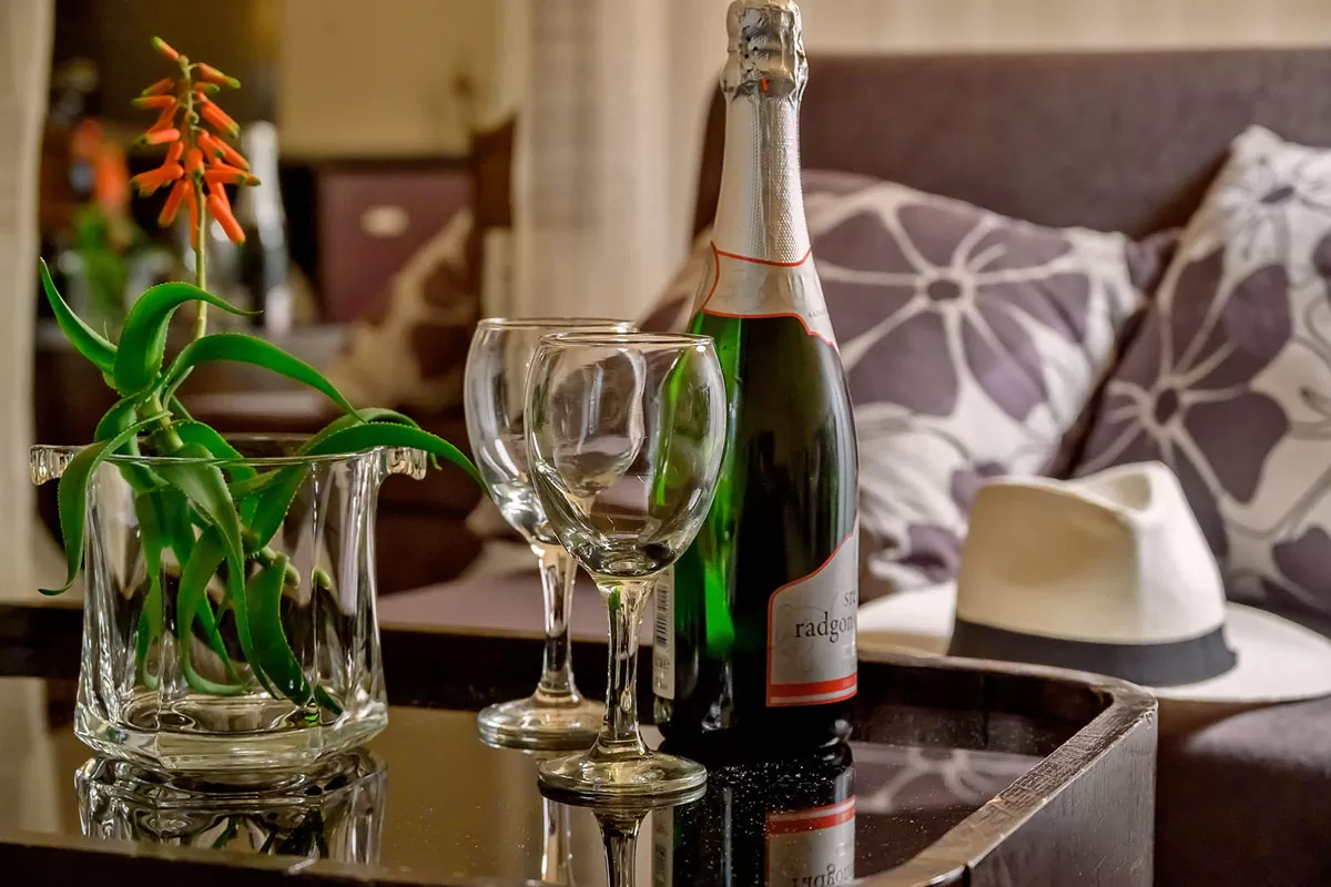 Living area of the hotel apartment, detail of a bottle of champagne and a hat on the sofa
