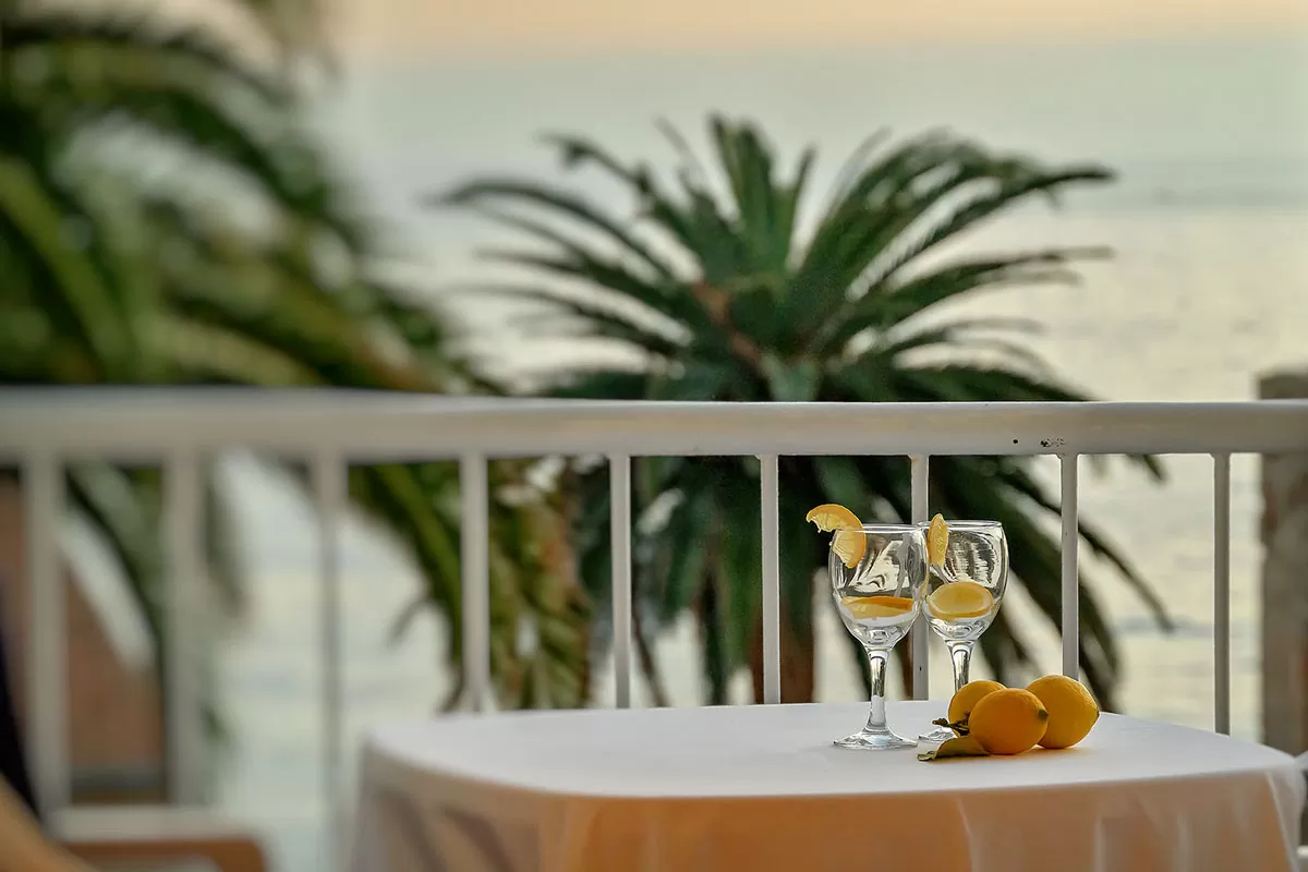 Balcony from the room where there is a table with two glasses and a view of palm trees and the open sea
