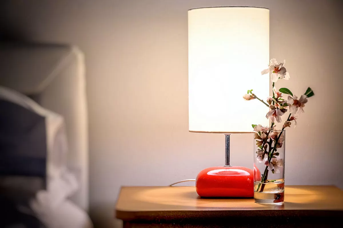 A lamp with a pleasant light and a vase of flowers on the nightstand of the room